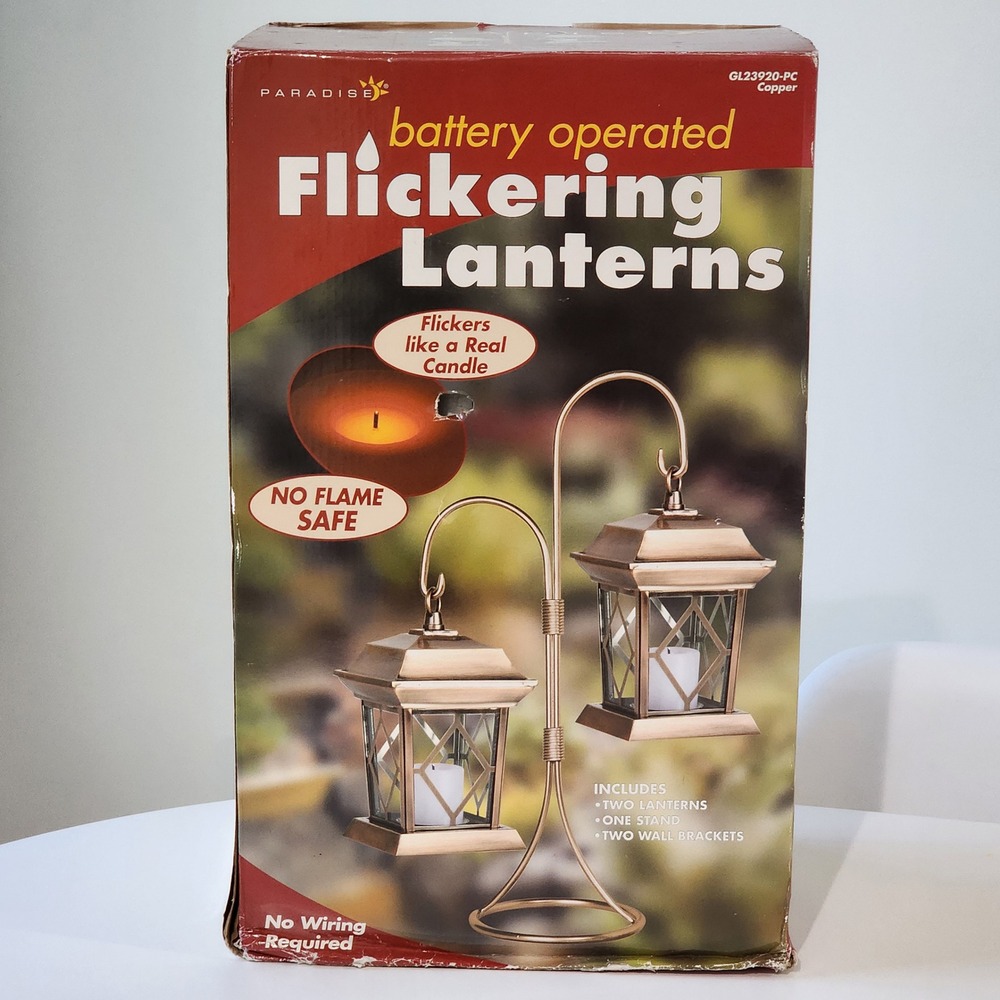 Faux Candles + Copper Stand  Flickering Lanterns Battery Operated Set Patio Home